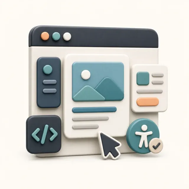 Icono 3D de frontend con ventana web, capas de interfaz, cursor y símbolo de accesibilidad