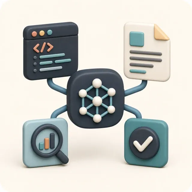 Icono 3D de IA aplicada con red neuronal, código, documentación y validación técnica