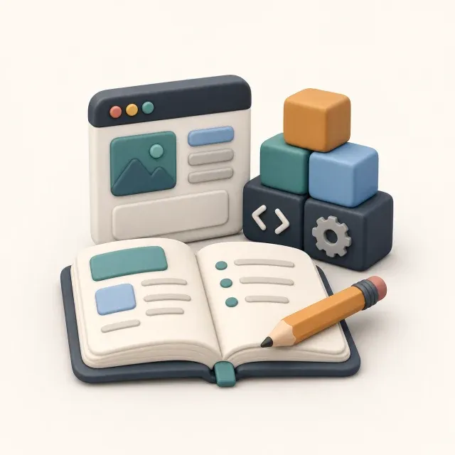 Icono 3D de aprendizaje práctico con cuaderno, ventana de aplicación y bloques de producto